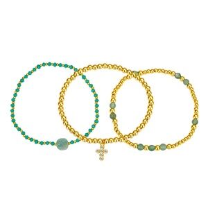 14K Gold Plated Cubic Zirconia & Amazonite Stone Beaded Cross Bracelet Set